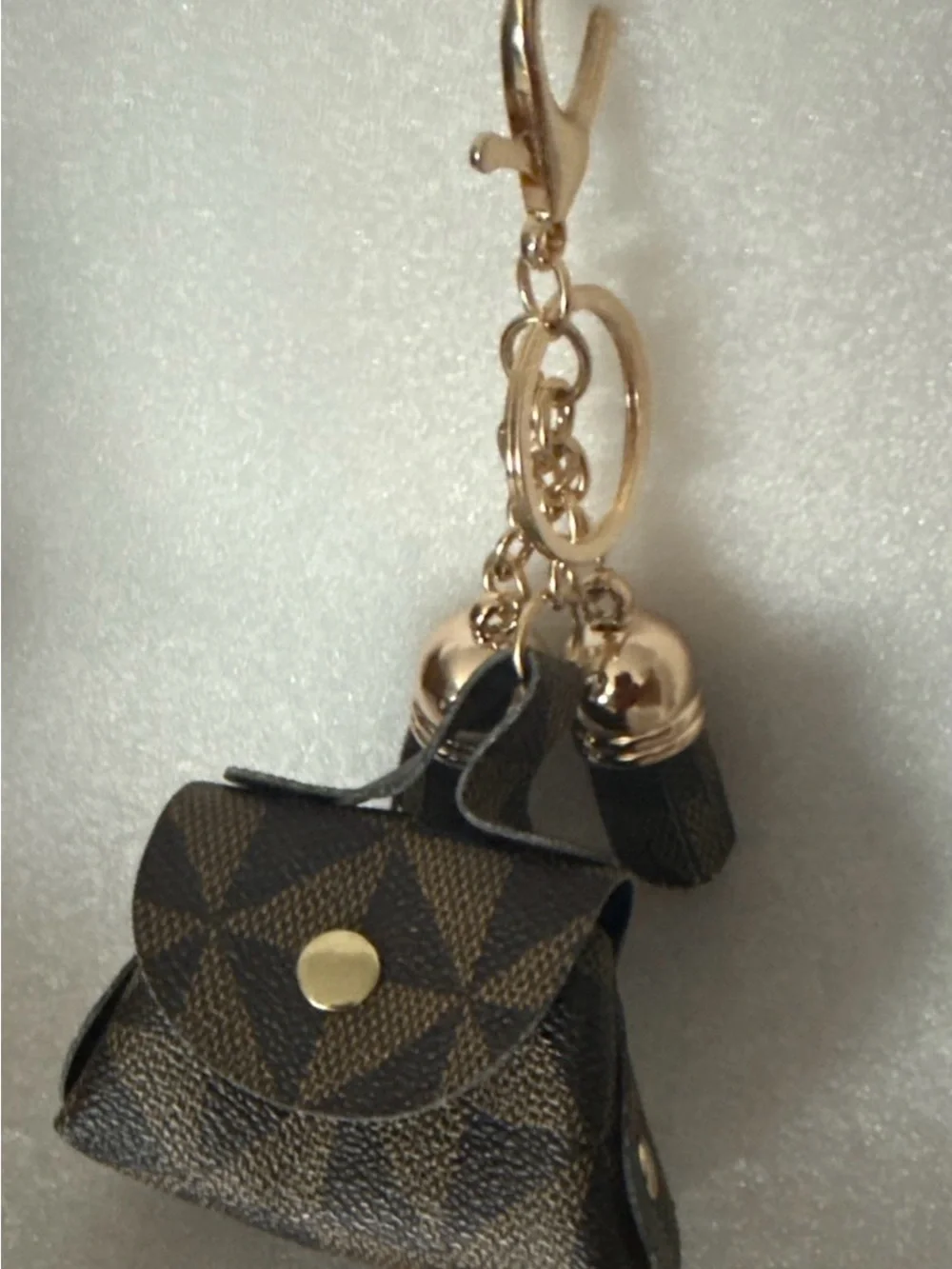 Mini Brown Checkered Purse Keychain with Gold Hardware
